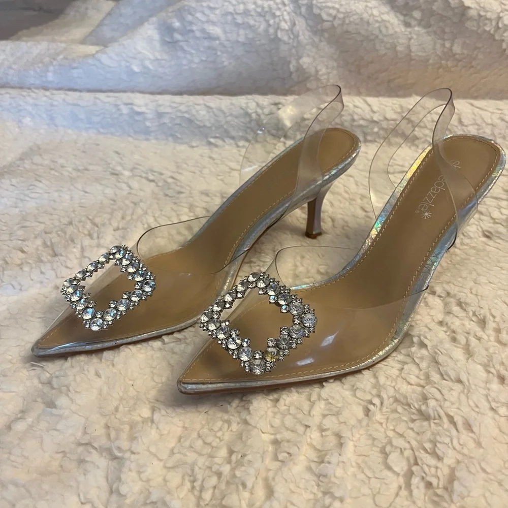 Shoe Dazzle Clear Kitten Heels with Rhinestone Detail - Picture 2 of 5